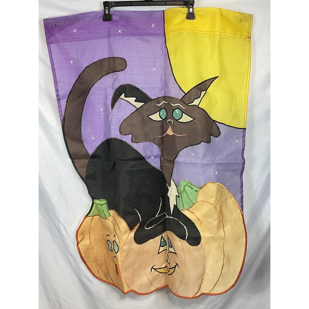 Halloween‎ Seasonal Decorative Flag Black Cat On Pumpkin 40” Long X 28” Wide